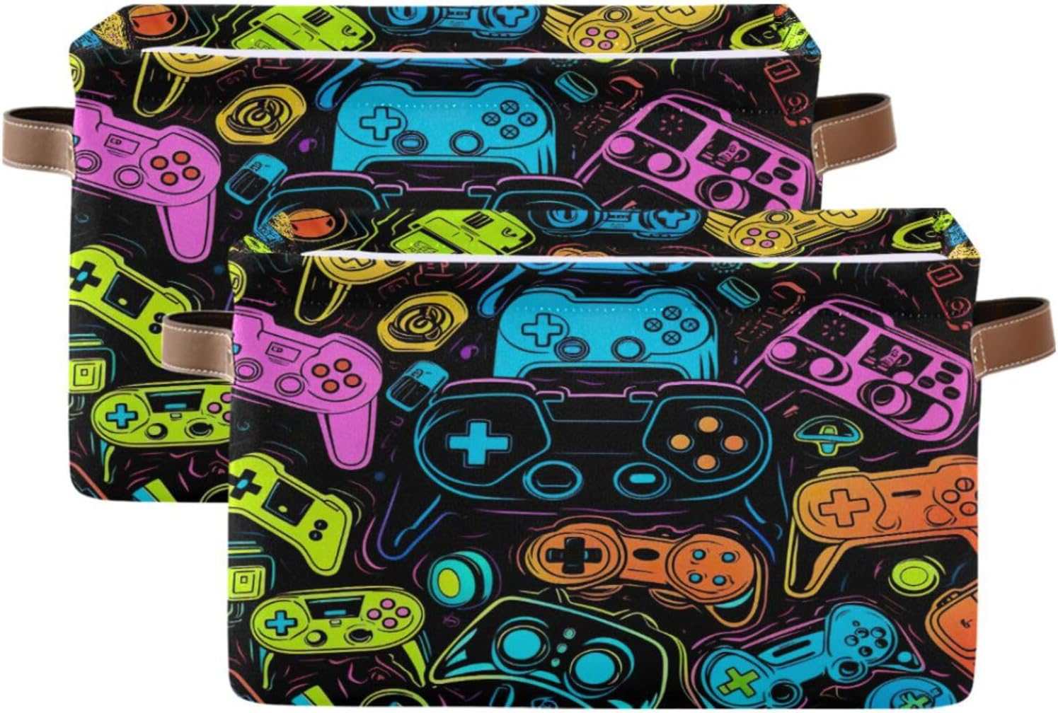 Colorful Video Game Controllers Storage Baskets,Decorative Collapsible Rectangular Canvas Fabric Storage Bin for Home,2 PACK(516)