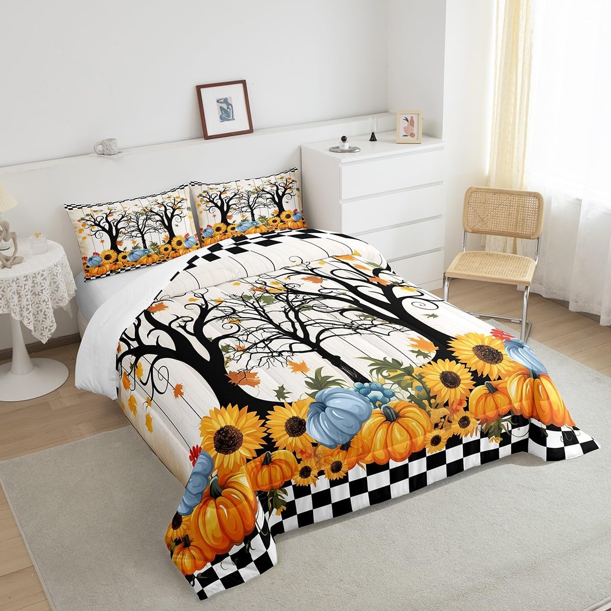 Manfei Maple Tree Comforter Set Queen Size, Autumn Pumpkin Sunflower Leaves Quilt Set with 2 Pillowcases, Black White Plaid Wooden Bedding Set 3pcs for Kids Girls Lightweight Duvet Insert