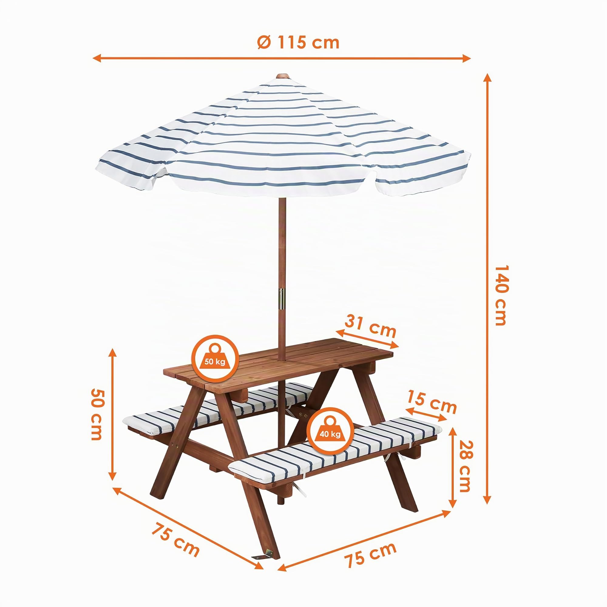 Spetebo Set da Picnic in Legno per Bambini a partire da 2 anni con Ombrellone e Imbottitura, 75 x 75 cm, Set di Sedie da Giardino per Bambini, Supporta fino a 80 kg, in Legno, Mobili da Giardino per