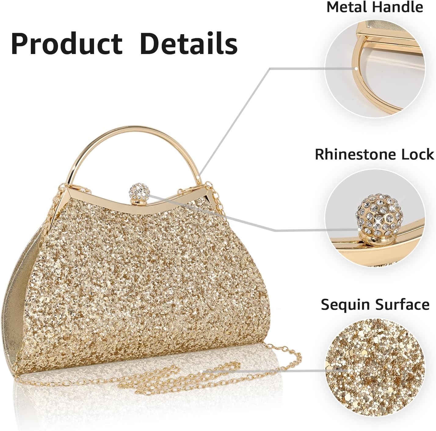 Evening Bag for Women Sparkly Handbag with Chain, Women's Shoulder Bag Pleated Clutch Purse for Wedding, Prom, Party
