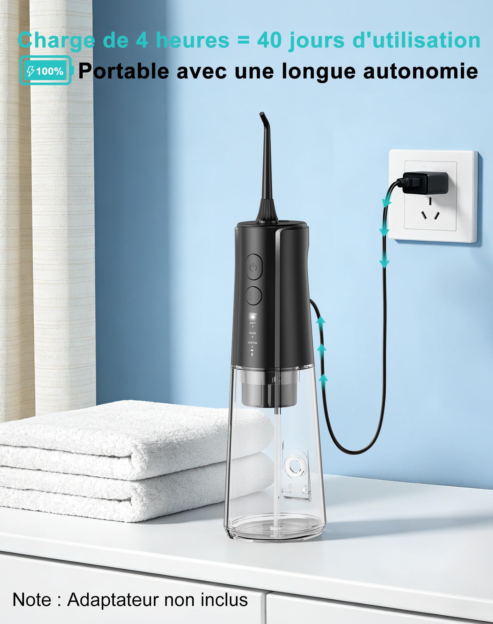 Jet Dentaire Hydropulseur Portable DIY, Hydropulseurs et Irrigateurs 5 Modes et 3 Intensités, Réservoir 300ML et Base Amovible, USB Chargé, Étanche IPX7, Sans BPA, Silencieux (Noir-01)