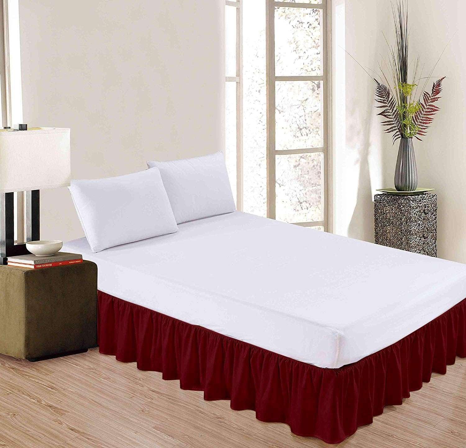 Burgundy Solid Ruffled Bed Skirt Full-14 Inch Drop Split Corner, Microfiber Bedskirt with Platform Three Sided Coverage