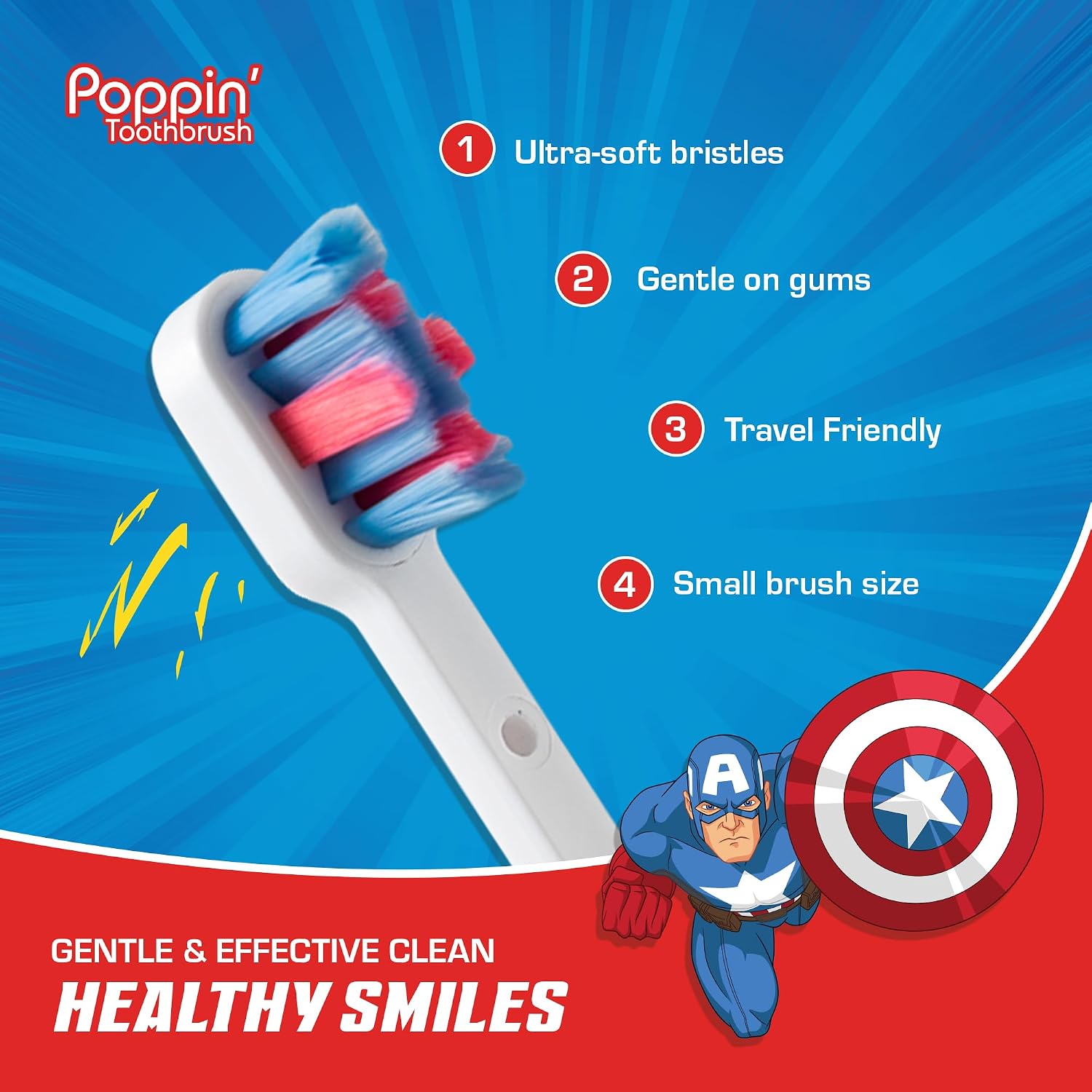 Brush Buddies Marvel Captain America Kids Toothbrush Soft Rounded Bristles Poppin' Fun Superhero Toothbrush Cover Easy Grip Handle Gentle Cleaning for Toddlers & Kids Ages 2+ Travel Friendly Oral Care