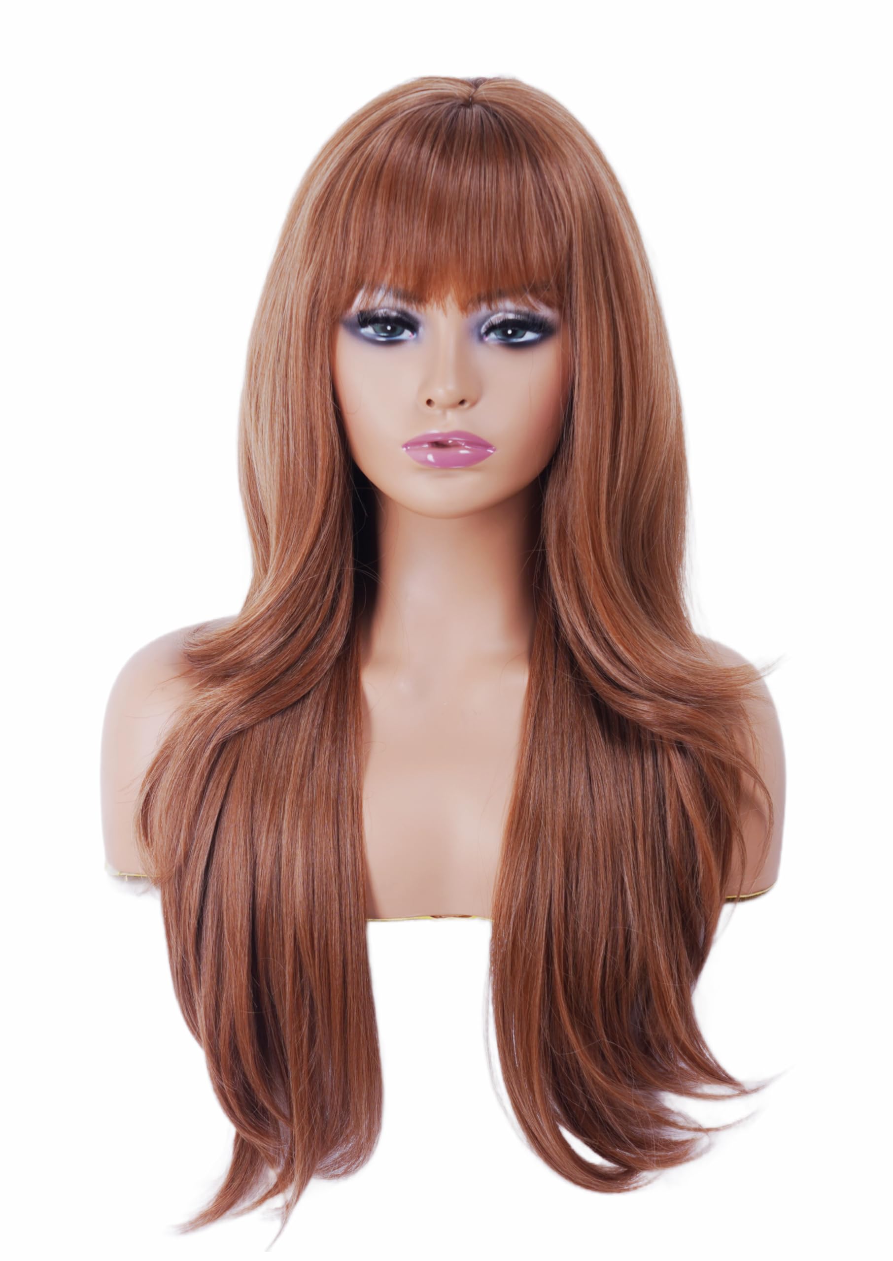 Rugelyss Ginger Brown Wigs for Women 28 Inches Long Wavy Hair Wig with Bang Synthetic Layered Caramel Wigs for Girls Daily Party Use