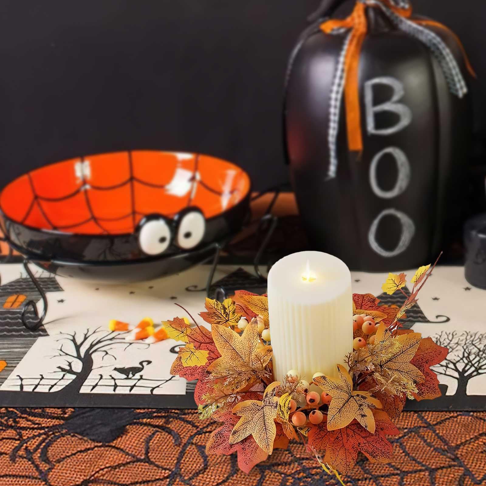 Herbstkranz 25cm Mit Ahornblättern - Deko Kerzenring Für Halloween & Thanksgiving Tisch