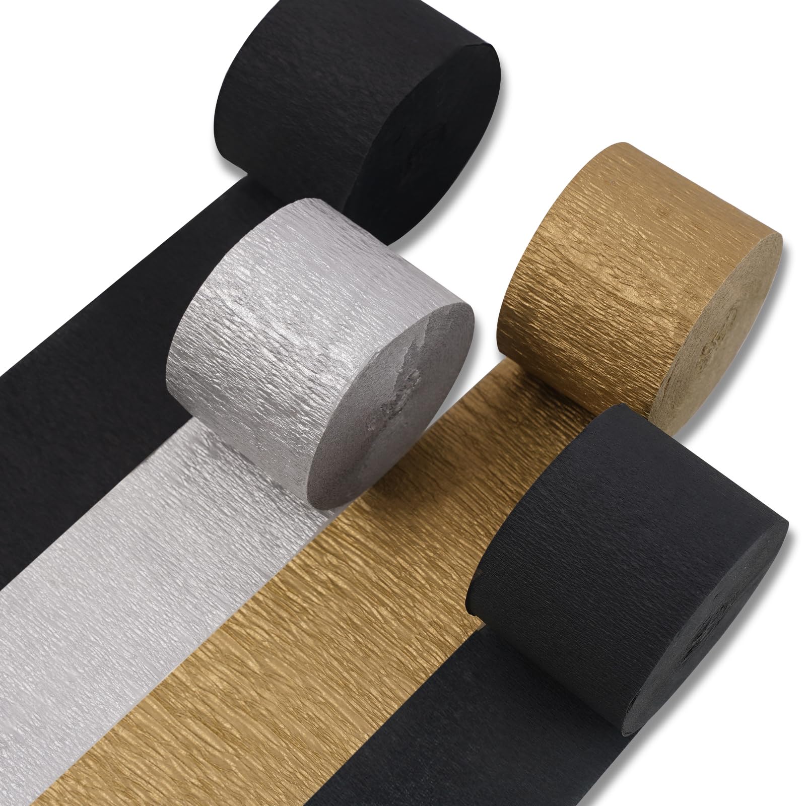 PartyWoo Black Gold Silver Crepe Paper Streamers 4 Rolls 328 ft Pack of Black Metallic Silver Gold Crepe Paper for Graduation New Year Birthday Party Decorations (1.8 Inch x 82 Ft/Roll)