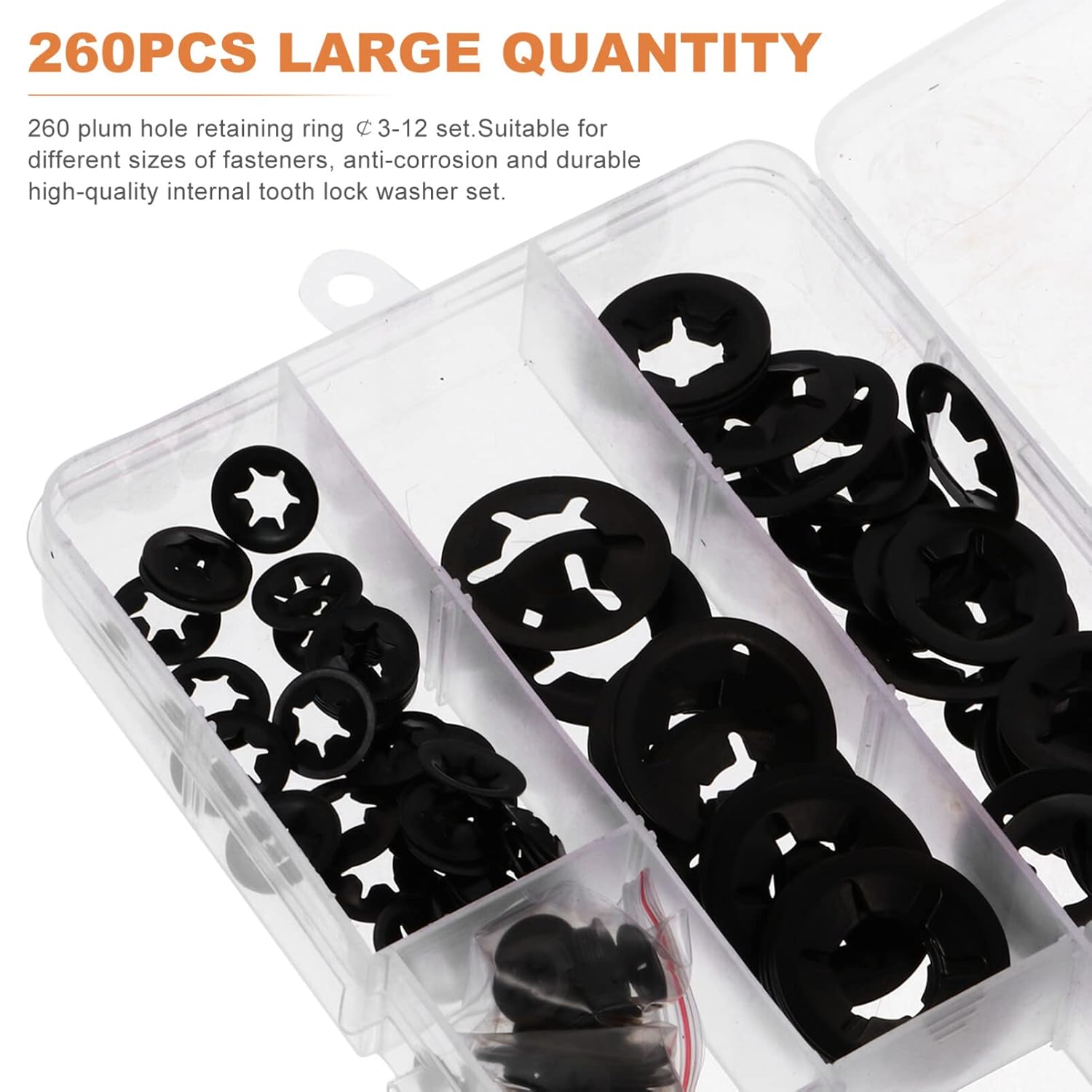 Baluue 2 Sets 260pcs Push Nuts Internal Tooth Star, Lock Washers Quick Speed Locking Washers Push On Locking Speed Clips Fasteners Assortment Kit 65Mn Manganese Steel