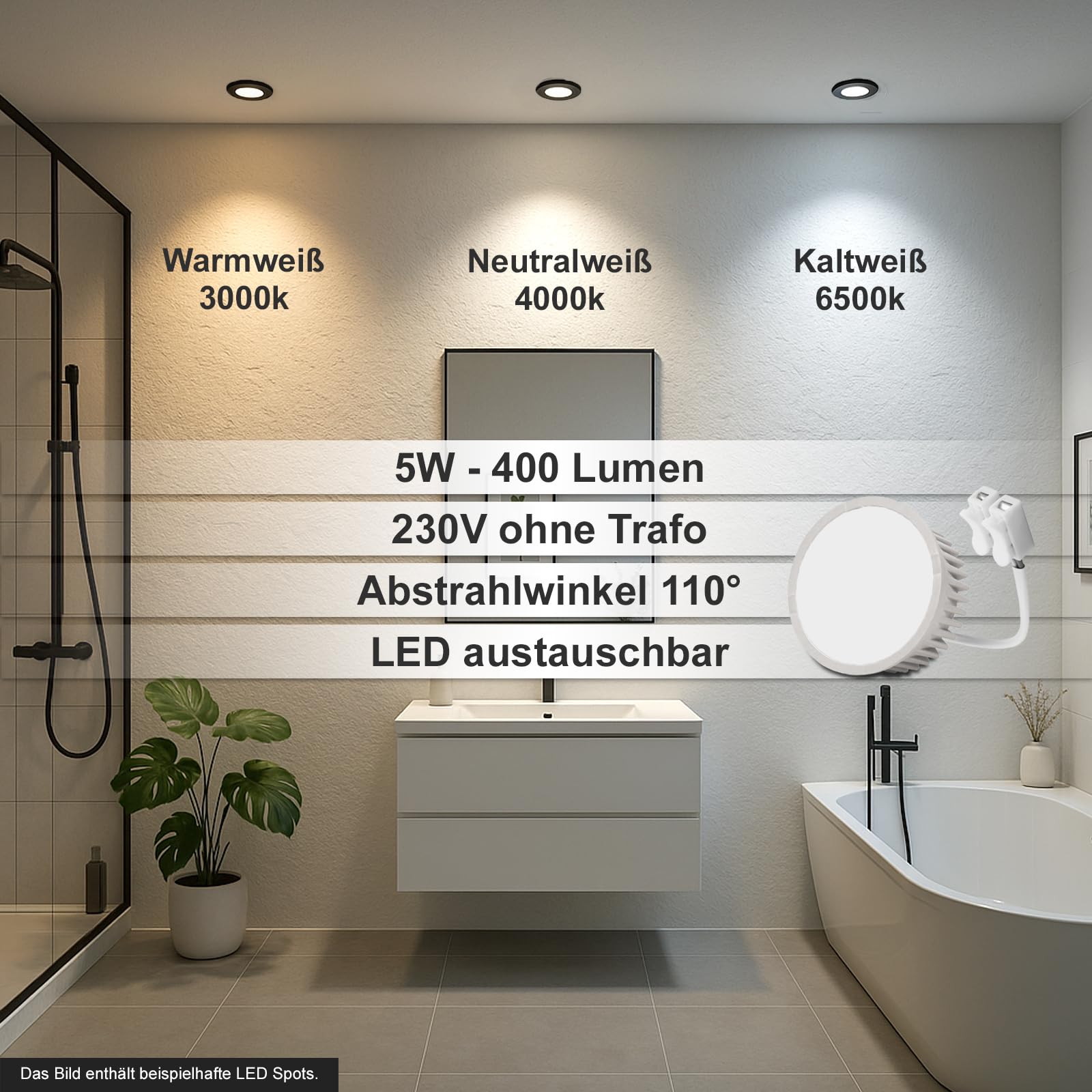trendlights24 Mare Decken Einbaustrahler IP44-5er Set ultra flach 35 mm LED Spots 5W dimmbar 230V Neutralweiß 4000K - Schwarz - Bad außen