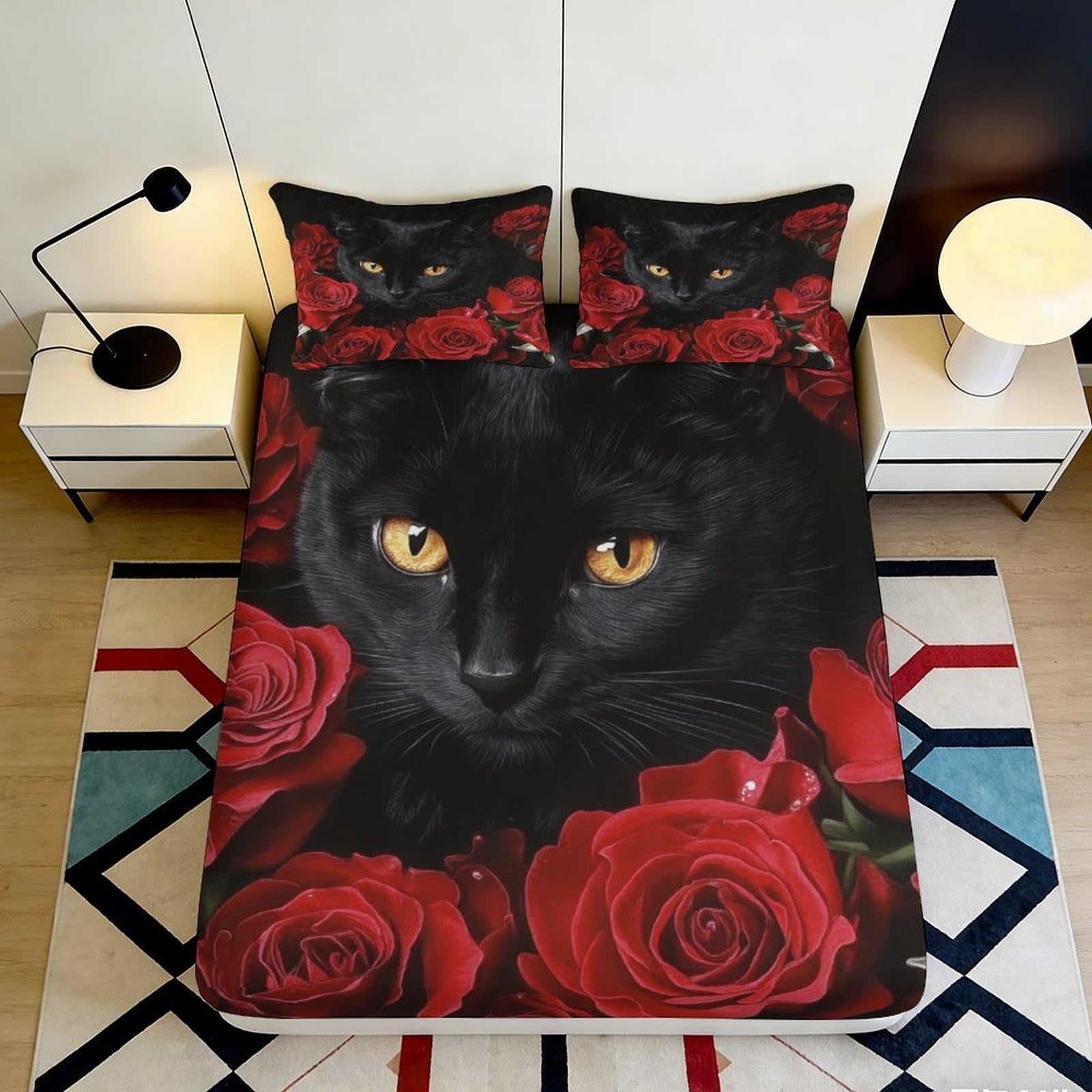 Wtorimpel Style-5 3D Printed Black Cat Rose Fitted Sheet Microfiber Deep Pocket Non-Slip Bedroom Bedding Black Cat Rose Mattress Fitted Cover Washable 200X200x25cm