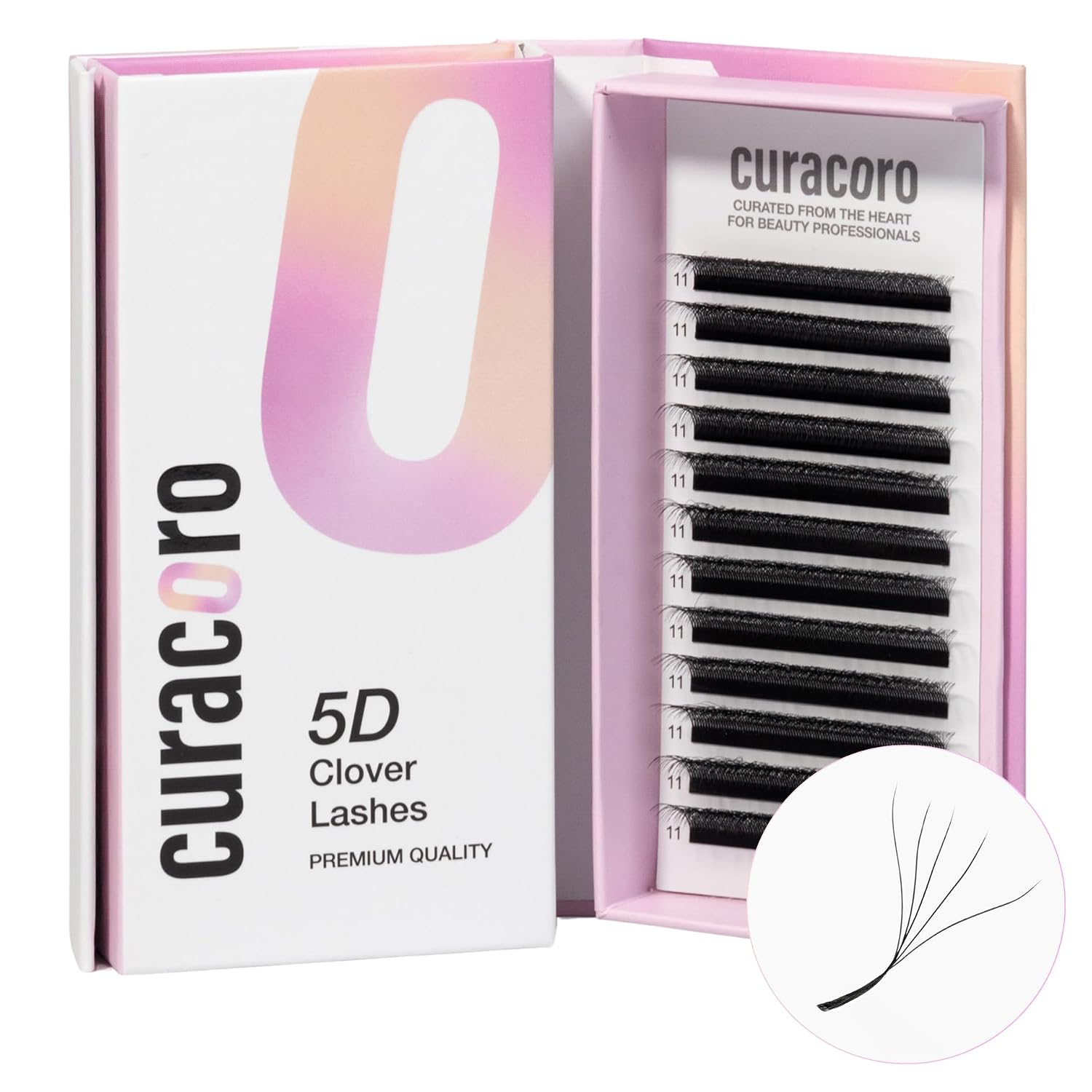 Curacoro 5D W-Shaped Clover Eyelashes Extension, 0.07 CC Curl, 11mm Length, Individual Eyelash Extensions, Easy Application & Long Lasting