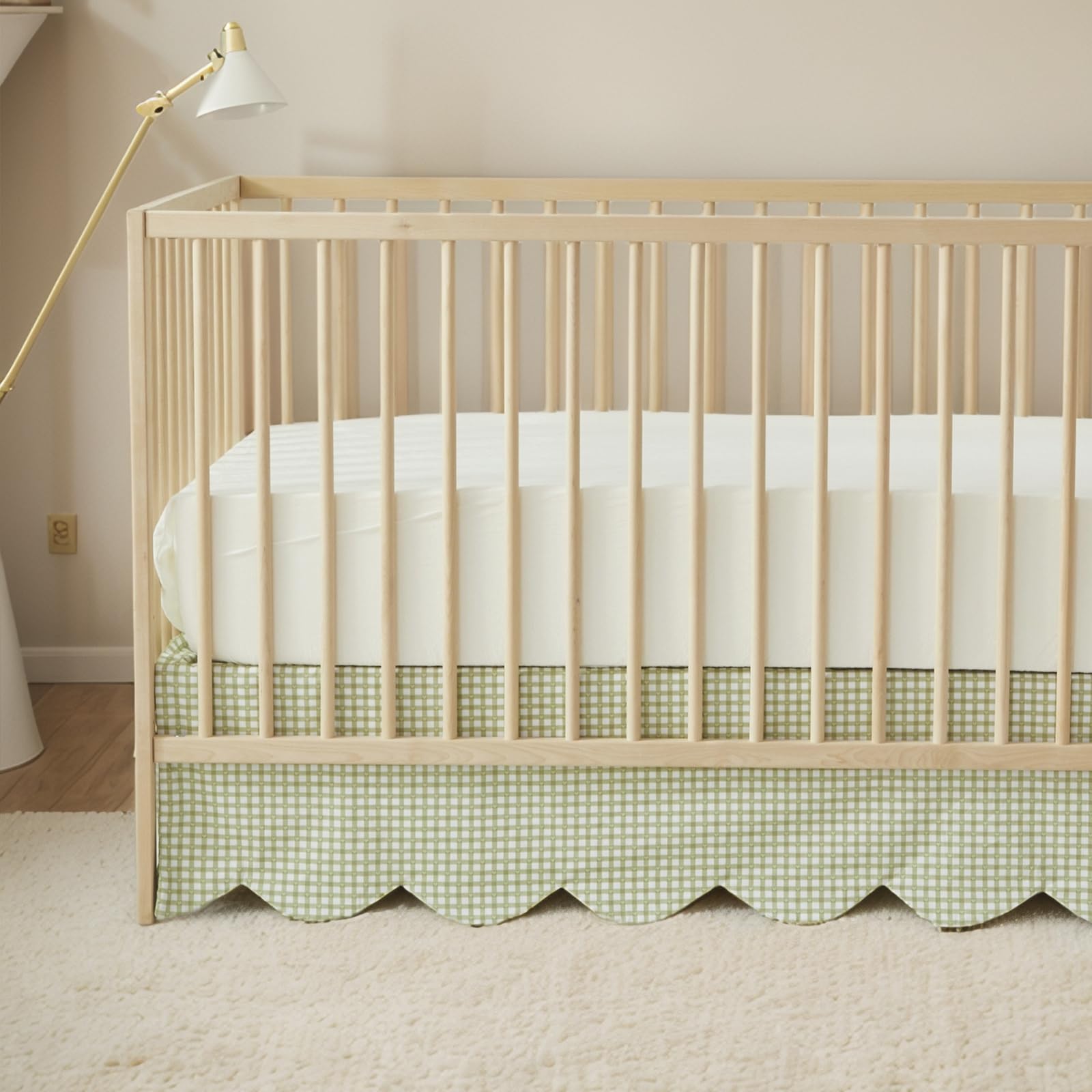 Brandream Scallop Edge Cotton Crib Skirt, Baby Boy Girl Gender Neutral Crib Skirt Toddler Bedskirt Farmhouse Chic Nursery Crib Bed Skirt, Boho Bohemian Green Gingham