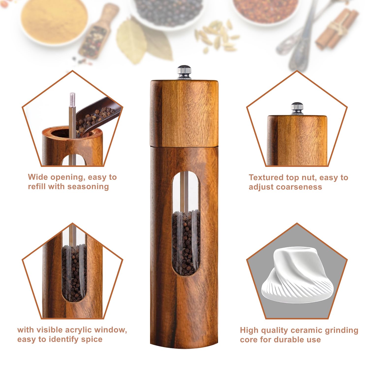 Molinillo de pimienta de madera, molinillo manual de especias, sal y pimienta, con mecanismo de cerámica, juego de 2 unidades, con plato para pimienta, sal, especias, altura 21,5 cm