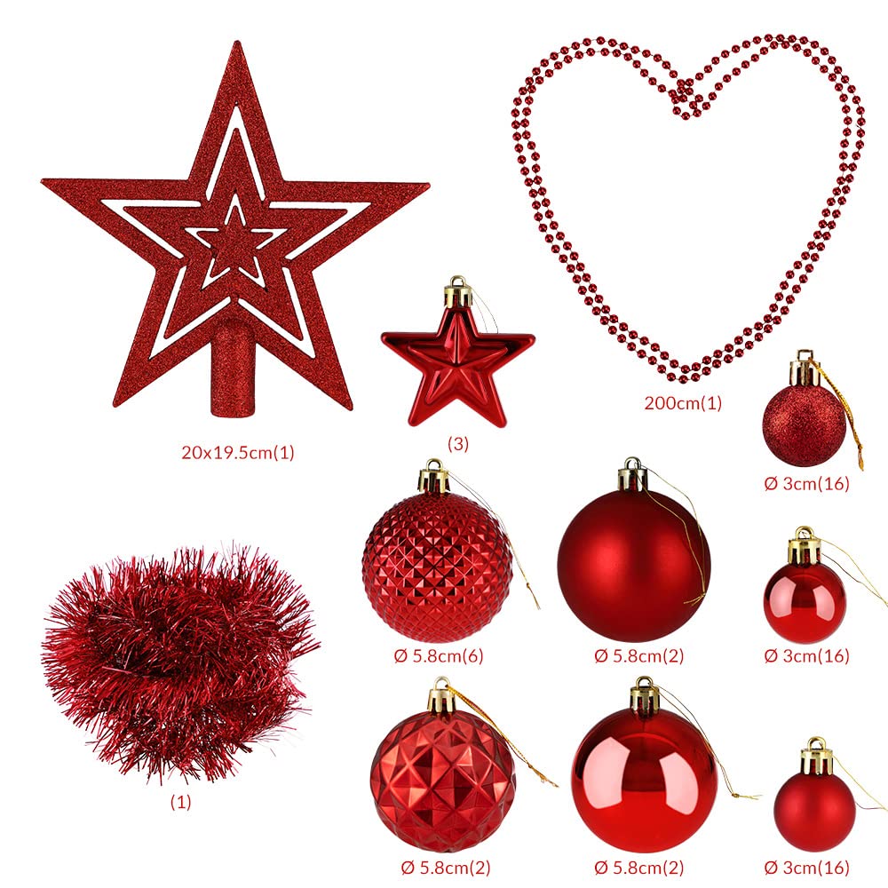 DEUBA® Bolas Árbol de Navidad Set Completo 66 Pzs. Adornos Decoración Brillante Mate Colgante Rojo