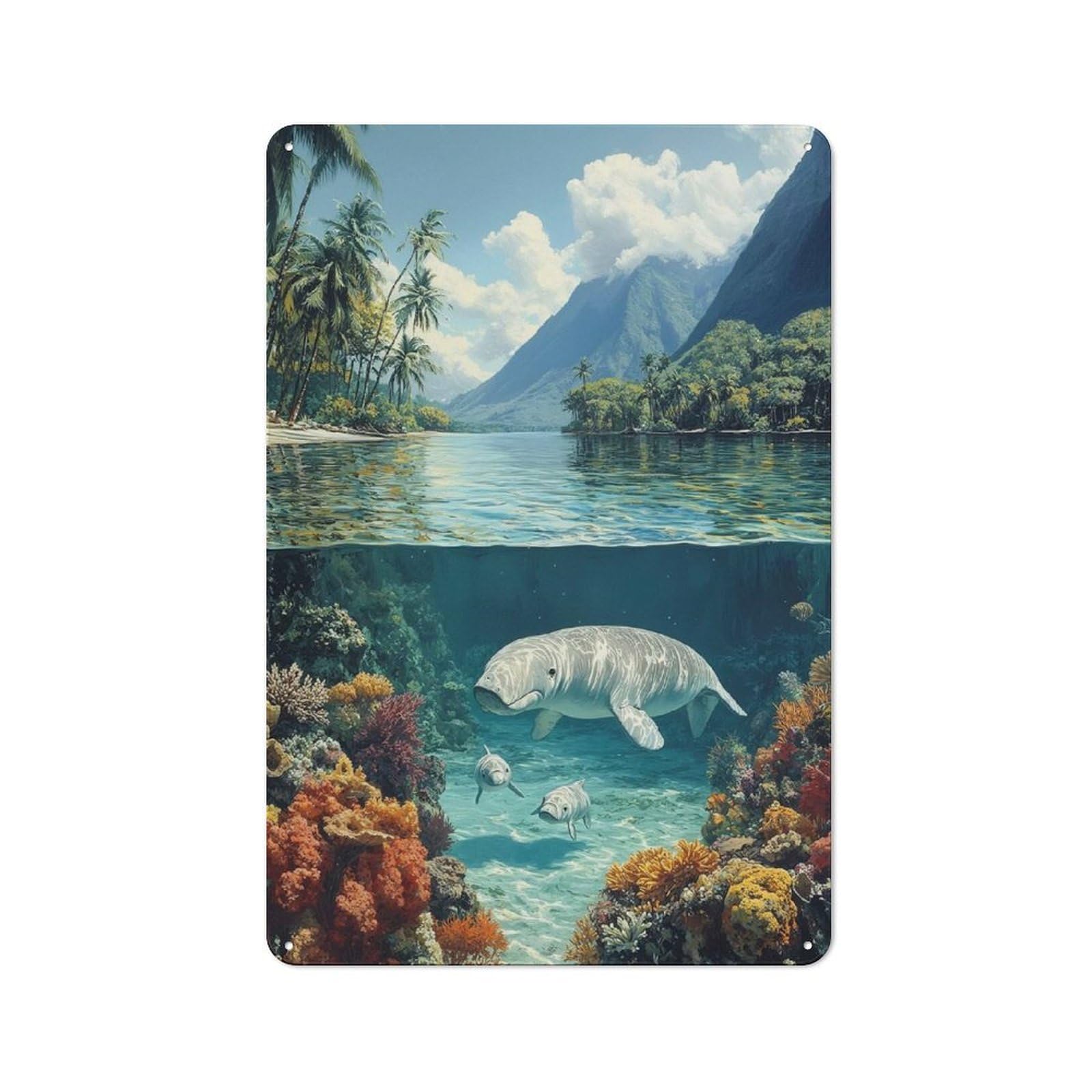 Junmoney Style-20 Workshop Style Tropical Paradise With Manatees Tin Sign 30X20cm, Industrial Wall Art For Garage, Hobby Room, Office Or Man Cave