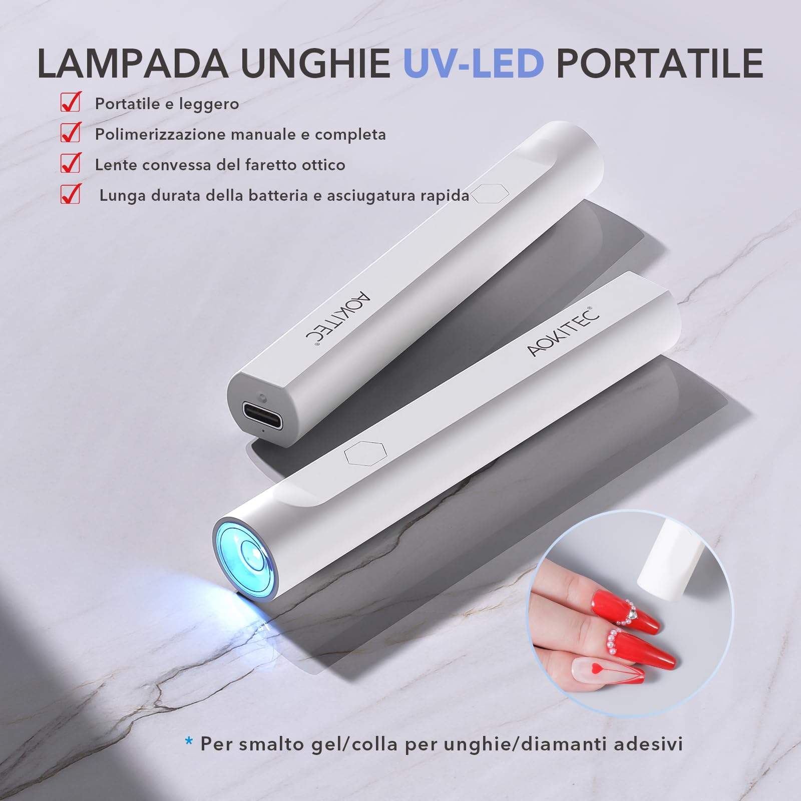 Aokitec Lampada UV LED Unghie, Lampada portatile per unghie, lampada semipermanente unghie, Unghie delle mani e dei piedi ad asciugatura rapida, Previene l'oscuramento della pelle intorno alle unghie