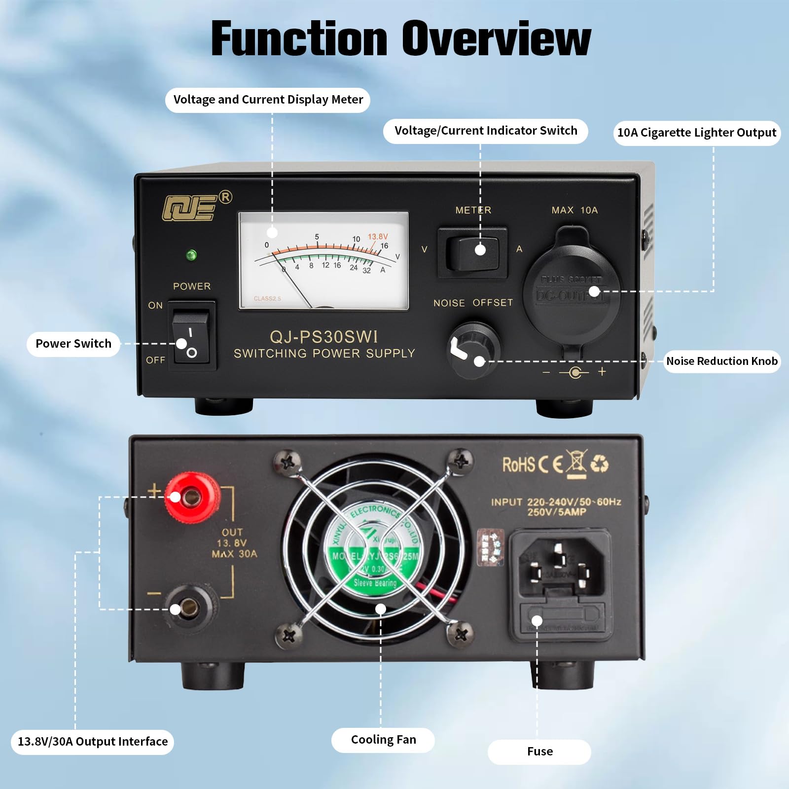 Fuente de alimentación de banco de 30 A 13,8 V - Fuente de alimentación de radio jamón con control de ruido ajustable, convertidor de CA a CC con enchufe para encendedor de cigarrillos y seguridad