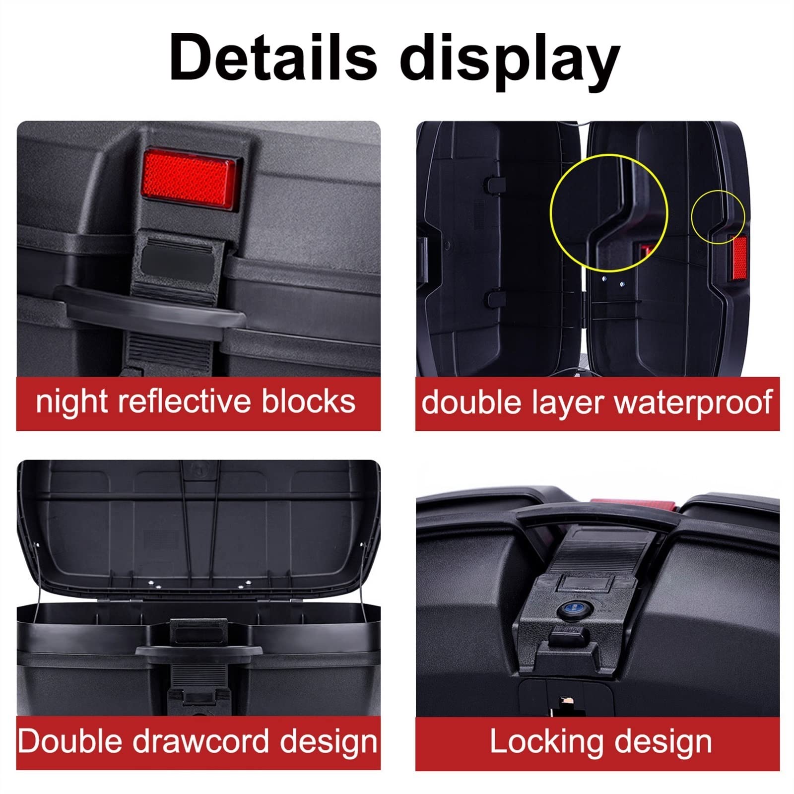 Baúl Universal de Moto,Caja superior para motocicleta de 47L, con respaldo, multicolor y reflector, resistente al agua/resistente, Baúl trasera para motocicleta, estuche rígido para casco de scooter