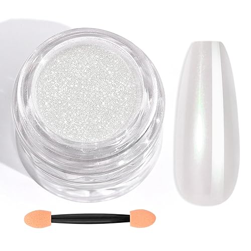 Saviland Polvo de uñas de cromo perla blanca  0.03 oz de polvo cromado efecto espejo para uñas de gel, polvo de uñas cromado de sirena metálica para