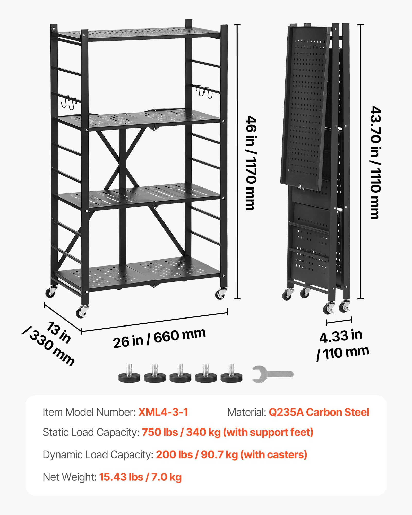 VEVOR Estante de Almacenamiento Plegable de 4 Niveles con Ruedas 66 x 33 x 117 cm Estantería Metálica Móvil Resistente, sin Necesidad de Ensamblaje, Organizador para Garaje, Cocina, Sótano, Negro