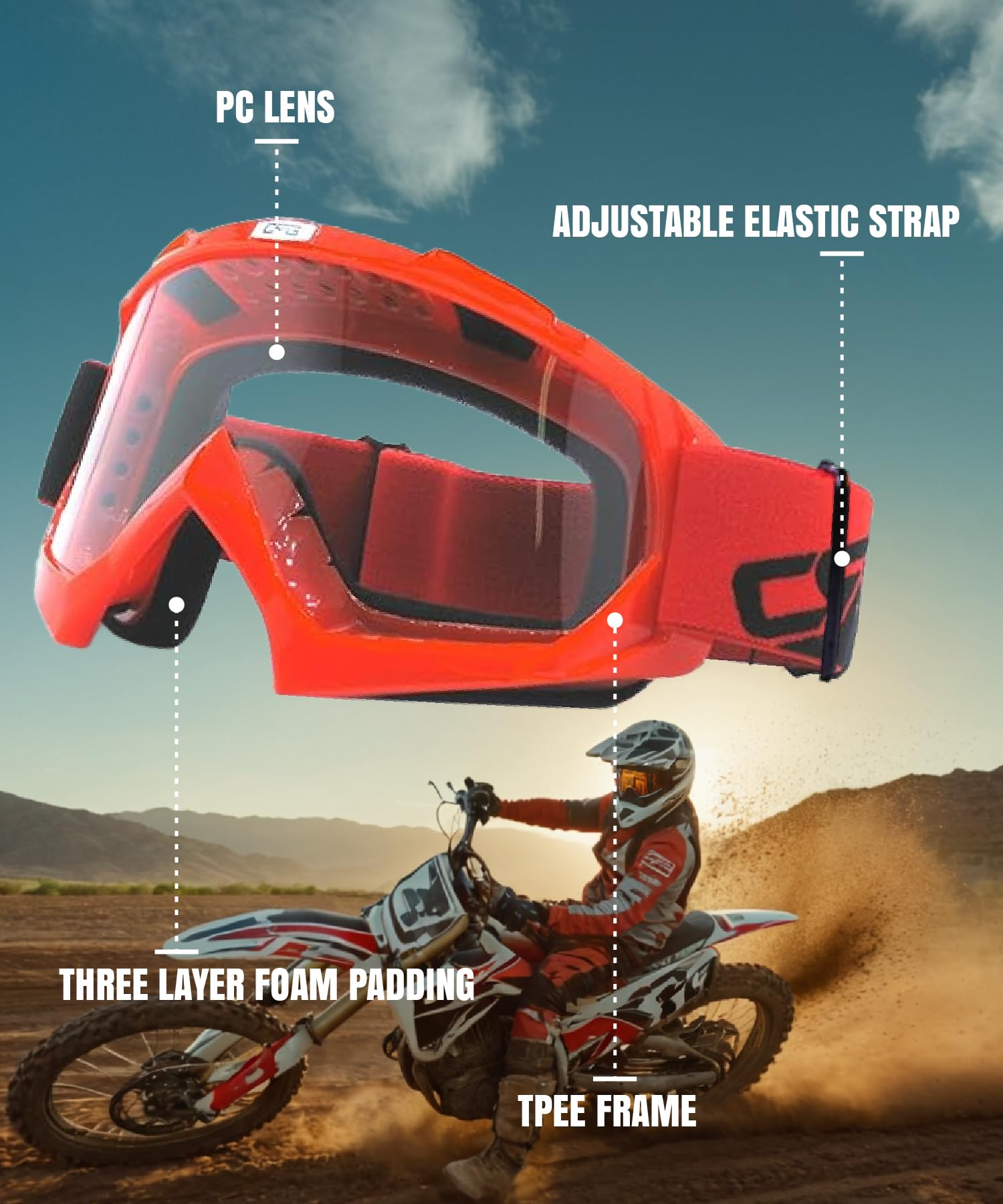 CRG Sports Gafas de motocicleta ATV Dirt Bike Off Road Racing Motocross Gafas para hombres, mujeres y adultos