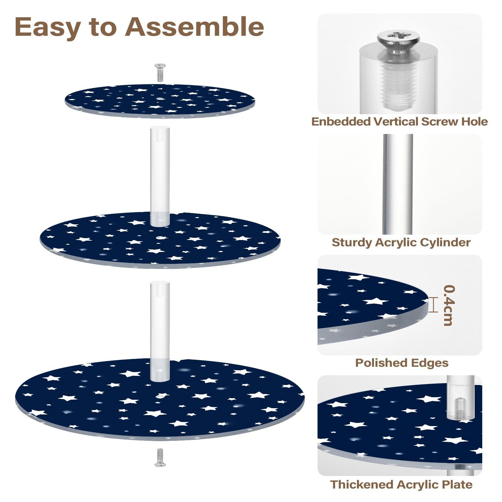 Nander 3 Tier Cupcake Stand,Cute Stars Large Cupcake Tower Display, Round Cupcake Holder, Acrylic Dessert Stand, Pastry Display Tree for Party, Wedding, Baby Shower