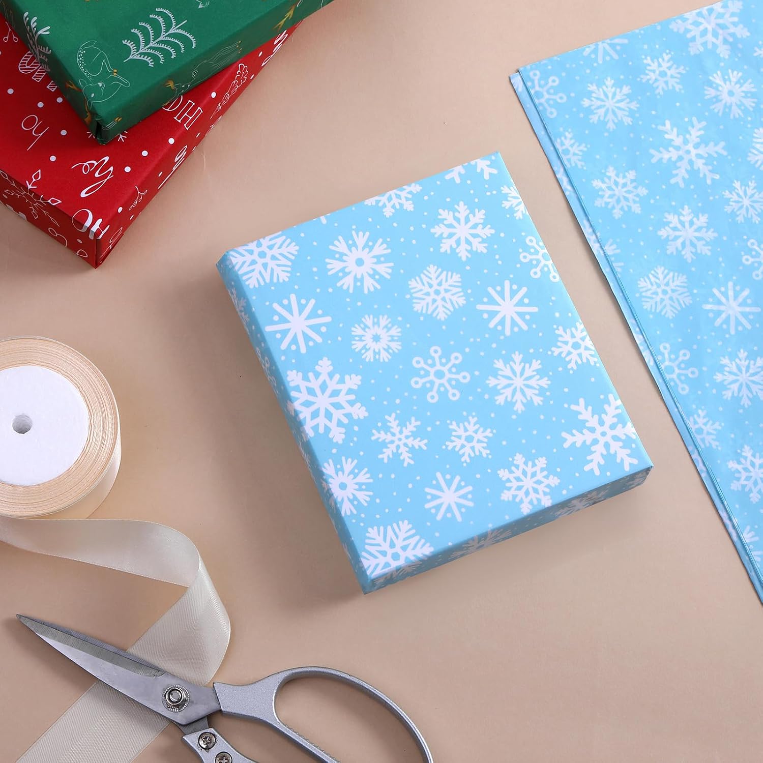 SUNCOLOR Christmas Tissue Paper, 80 Sheets, 20x20 Inch, 8 Designs, Holiday Patterns, Red Green Blue White, Gift Wrapping Packaging