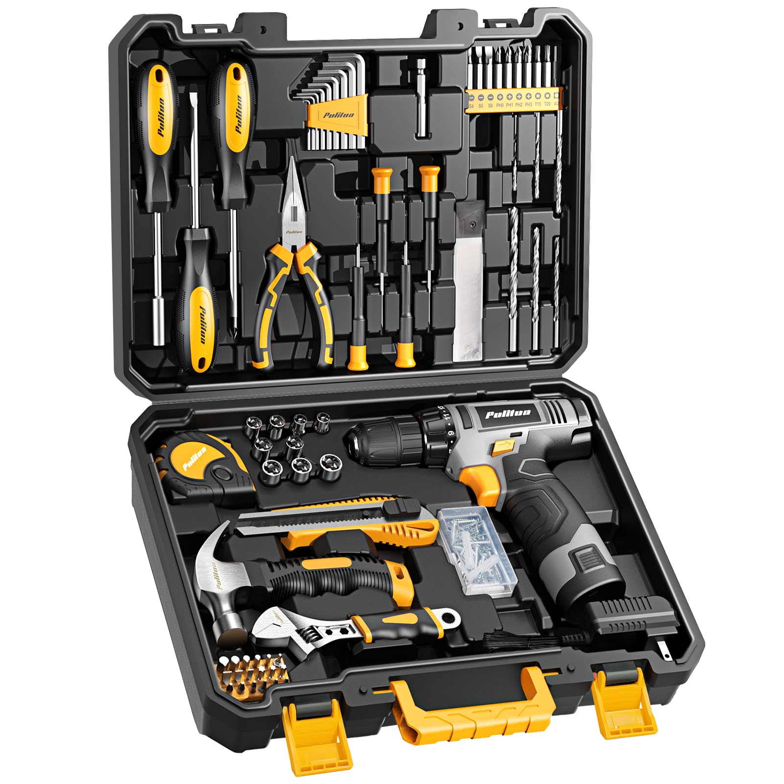 PULITUO 12V Yellow Cordless Drill Set, 149-Piece Home Tool Kit with Electric Drill Driver & Storage Tool Box, for Home Repair, Improvement, DIY Projects, Men Women & DIY Enthusiasts