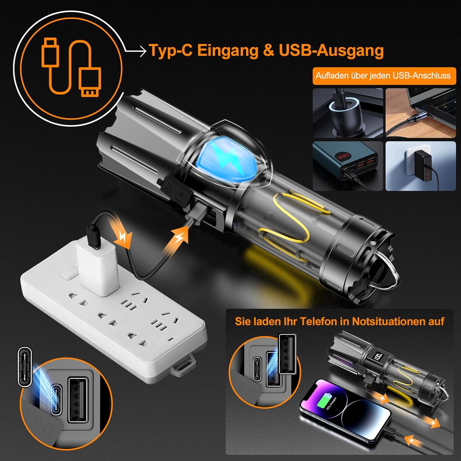 Relybo SHC228 LED Flashlight charging via USB-C and acting as a power bank