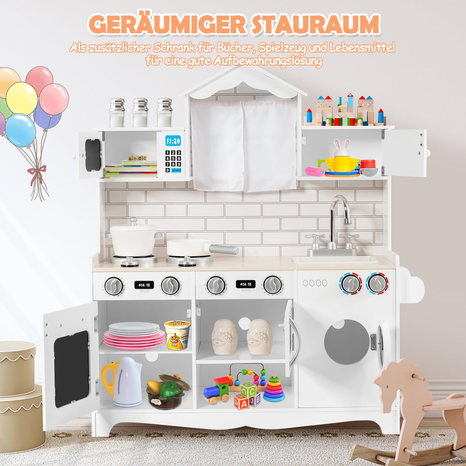GOPLUS Kinderküche aus Holz, Holzküche Spielküche mit Waschbecken, Herd, Backofen, Mikrowelle & Waschmaschine, Kinderrollenspiele für Kinder inkl. Spielzubehör, 78 x 29 x 93cm