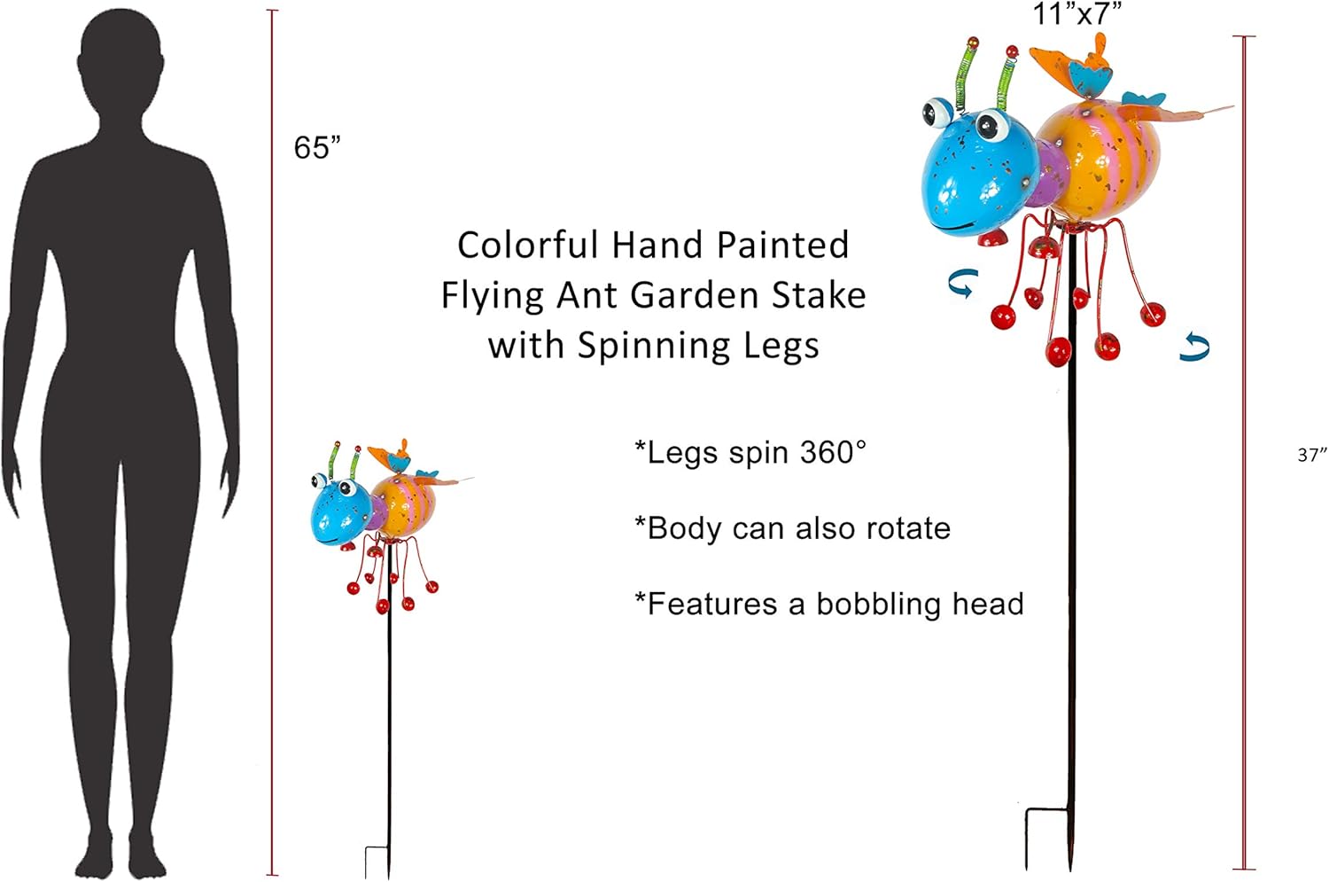 Continental Art Center Inc. CAC18126 HAND PAINTED and ENAMELED ANT with SPINNING LEGS Kinetic Garden Stake Lawn and Yard Art Decor, Colorful