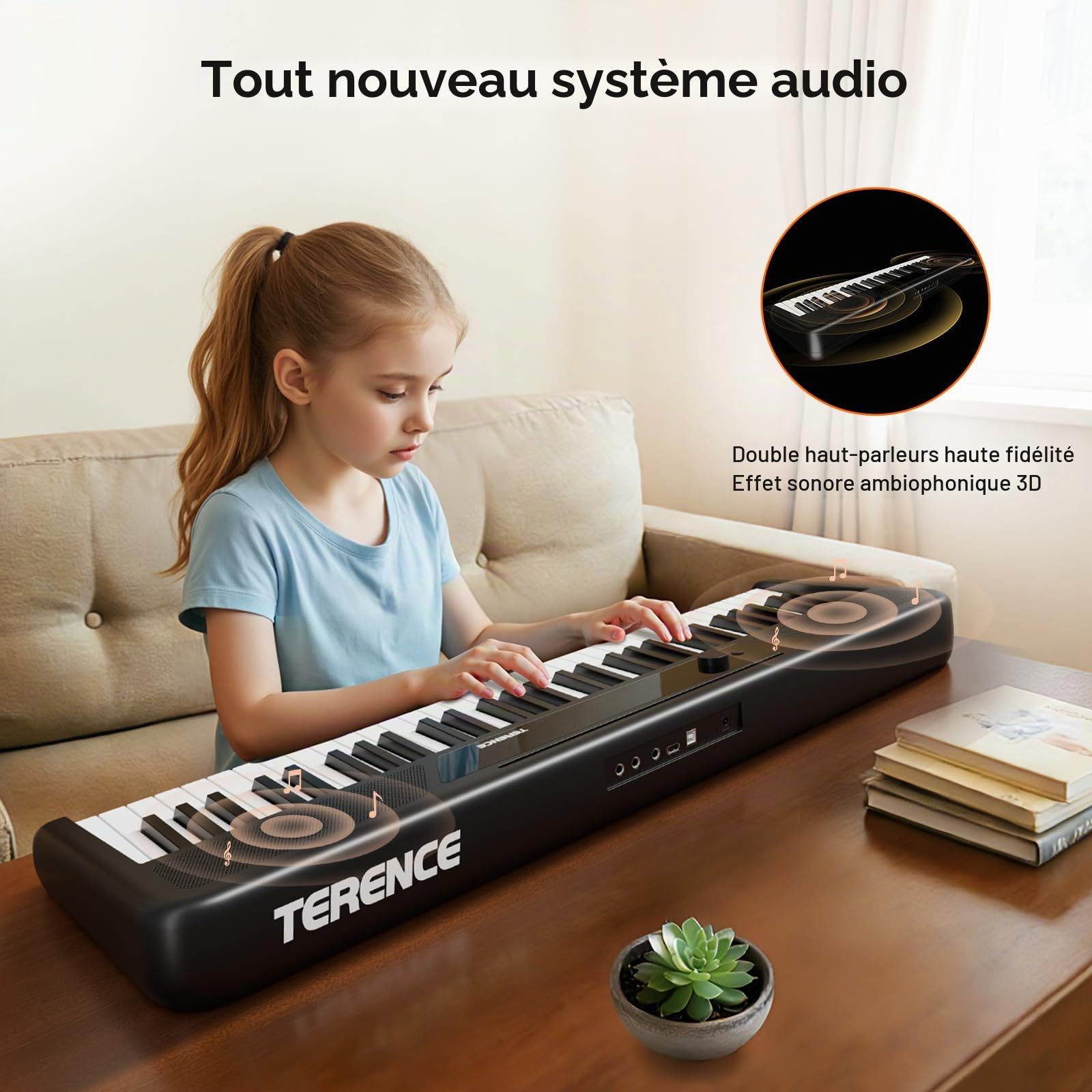 TERENCE Piano Électrique 61 Touches Portable – Clavier Numérique avec Support Touches Sensibles 128 Sons MIDI Idéal pour Enfant & Adulte Instrument de Musique Polyvalent