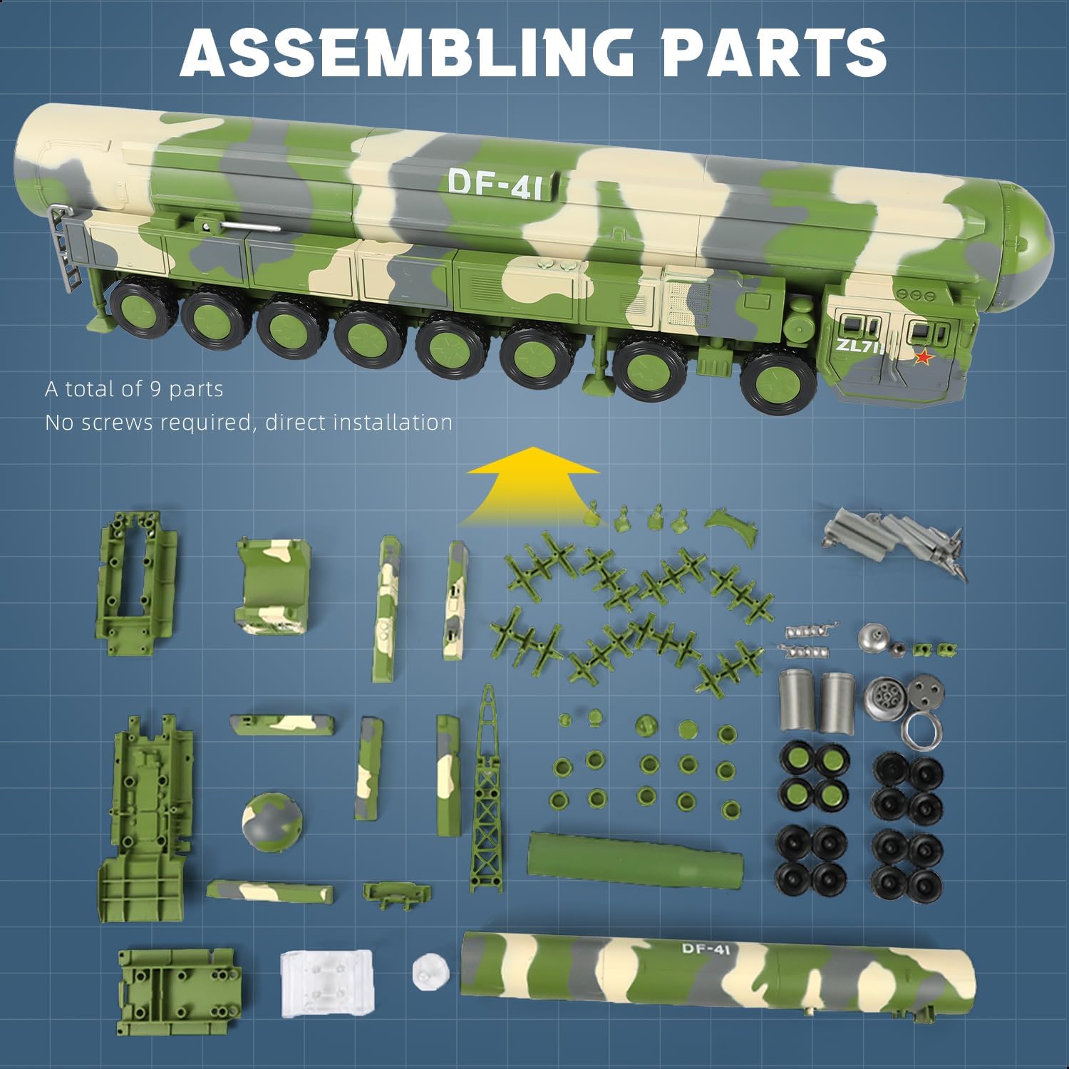 1/72 Scale DF-41 Solid-Fuelled Road-Mobile Intercontinental Ballistic Missile Quick Build Model Armored Vehicle DF-41 Toy Building Model Gift for Adults Suit for Kids Educational Toys
