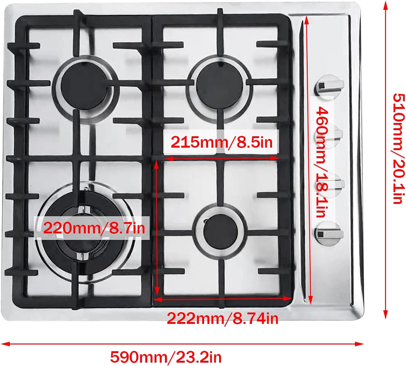 4 Burner Gas Cooktop, 23Inch Built-in Stainless steel Gas Stovetop Natural Gas Hob with Conversion Kit Thermocouple Protection, 3KW Fuel Cooking Cooktop for Apartments Indoor Restaurants Motels