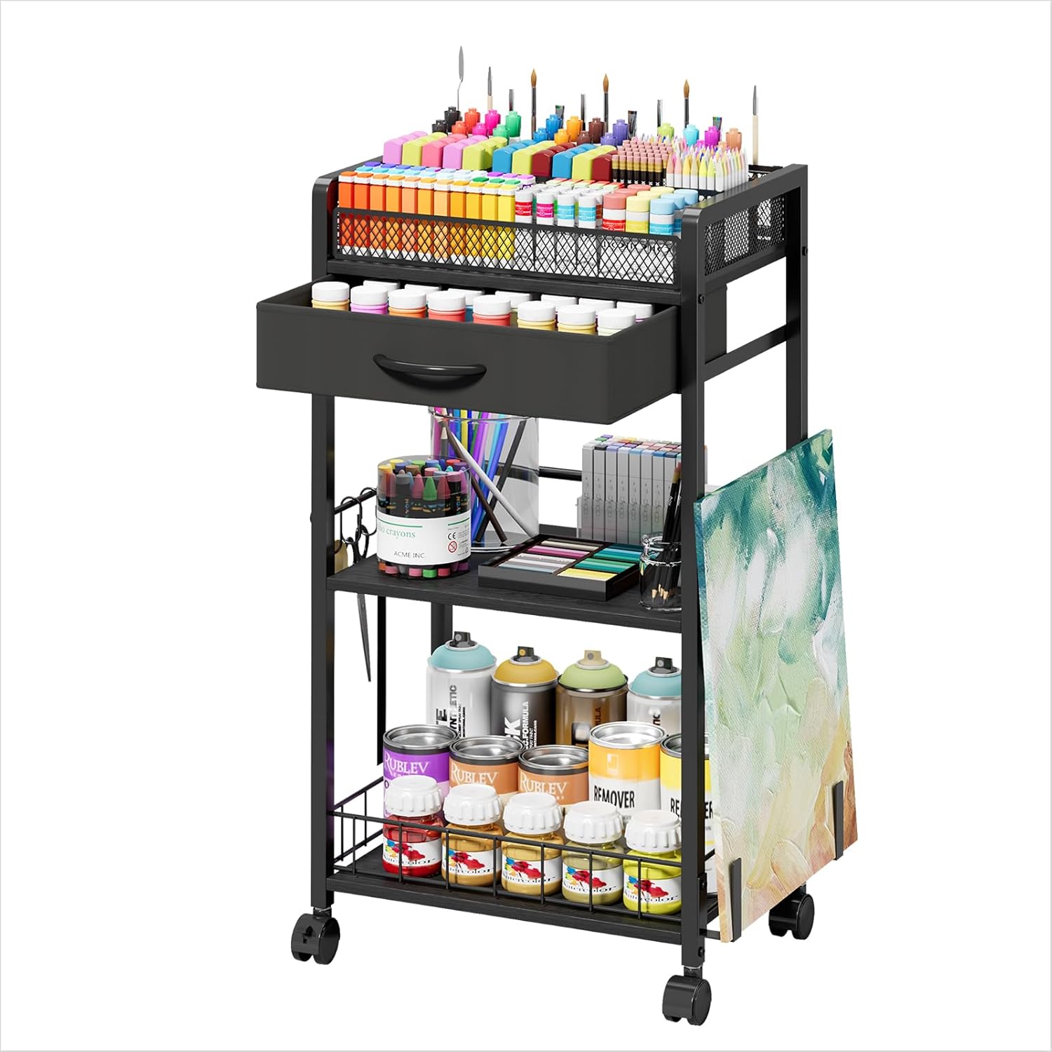 3 tier rolling cart - metal utility cart with storage drawer and wheels, versatile art & craft organizer for home, office, or studio ideal for storing brushes, paints, and supplies black