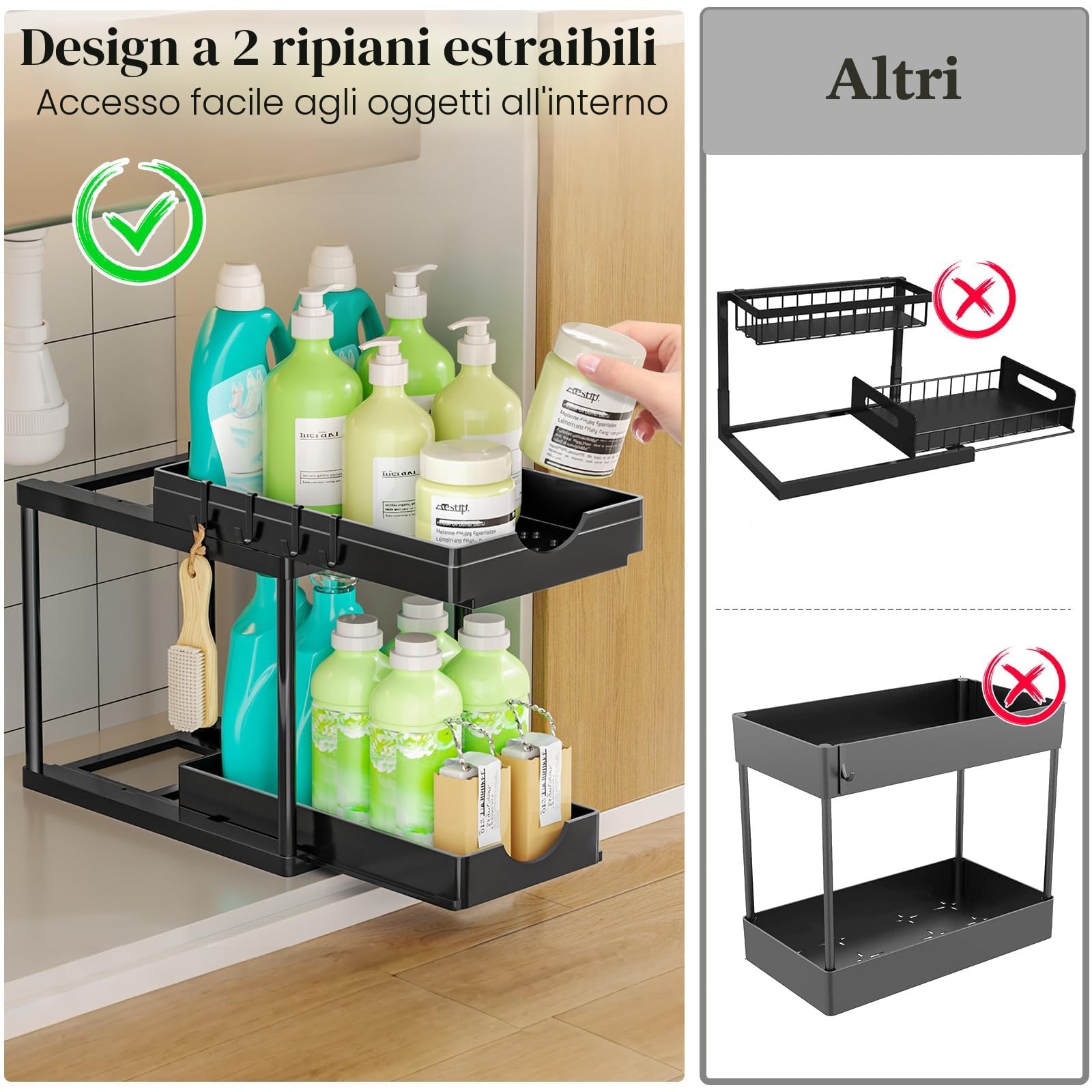ARSTPEOE Organizer Sottolavello Cucina - Cassetto Estraibile, Scaffale Cucina a 2 Livelli, Mobile Sottolavello con Ganci, Organizer Cassetti, Nero, 1 Pezzi