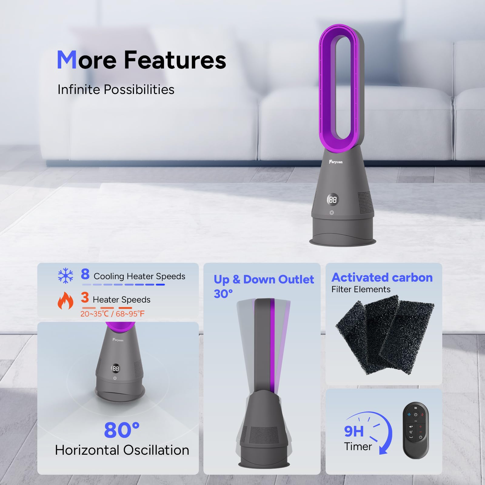 Blattloser Ventilator (25 Zoll) – 3-in-1 Heizlüfter & Kühler & HEPA-Filter, 80° Oszillation, 8 Stufen, 9H Timer & FB, Leise für Zuhause/Büro9 (Grey & Blue)