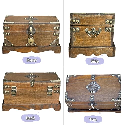 Miniatura 3 de Cofre del tesoro con cerradura, caja de almacenamiento de madera, caja decorativa de almacenamiento con tapas, caja de recuerdo pirata para joyas,