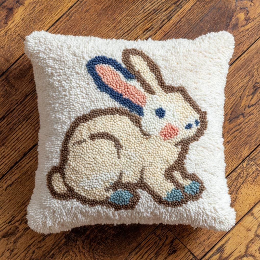 Henypt 43x43cm Latch Hook Pillow Kit,Animal Rabbit Pre-Printed Canvas Cushion Cover Craft,Easy Latch Hook Embroidery Kit for All Skill Levels