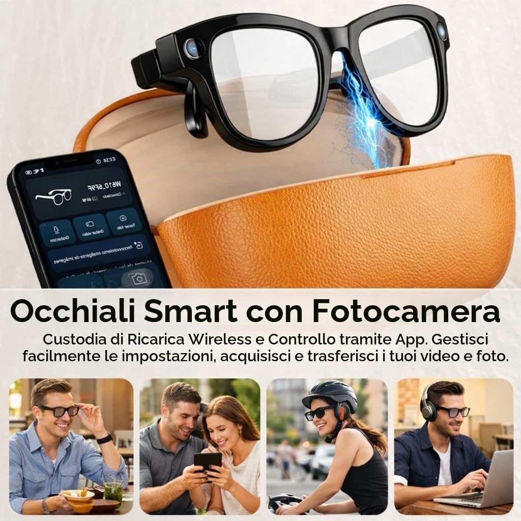 QDOJC - Occhiali intelligenti con custodia di ricarica, fotocamera HD da 8 MP, vetro fotocromatico con traduzione AI, controllo touch, registrazione assistente vocale e video, per uomini e donne
