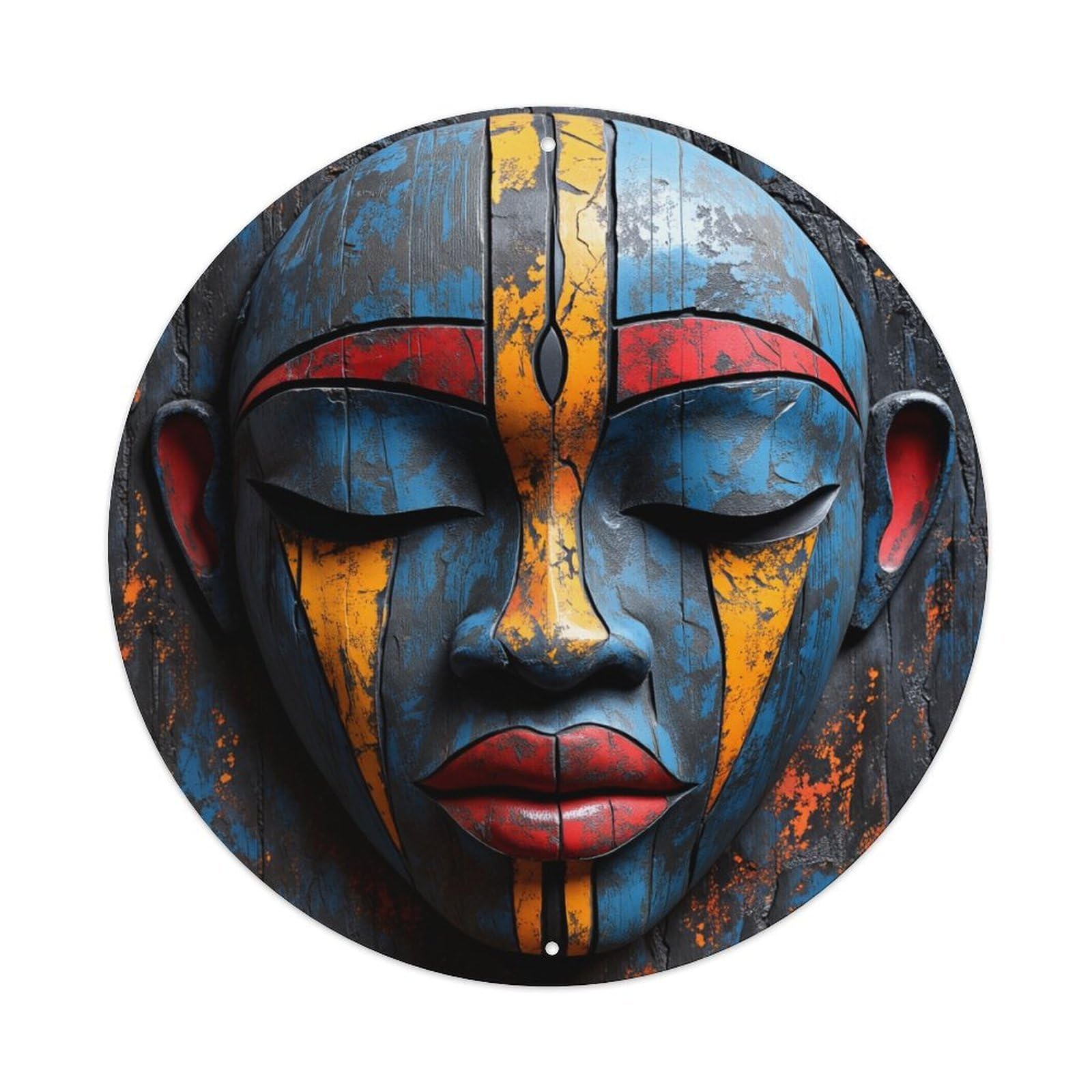 Blue Yellow Red Wood Carved Round Tin Sign Vintage Metal Poster, Home Bar Garage Man Cave Cafe Indoor & Outdoor Wall Decoration 8x8Inches