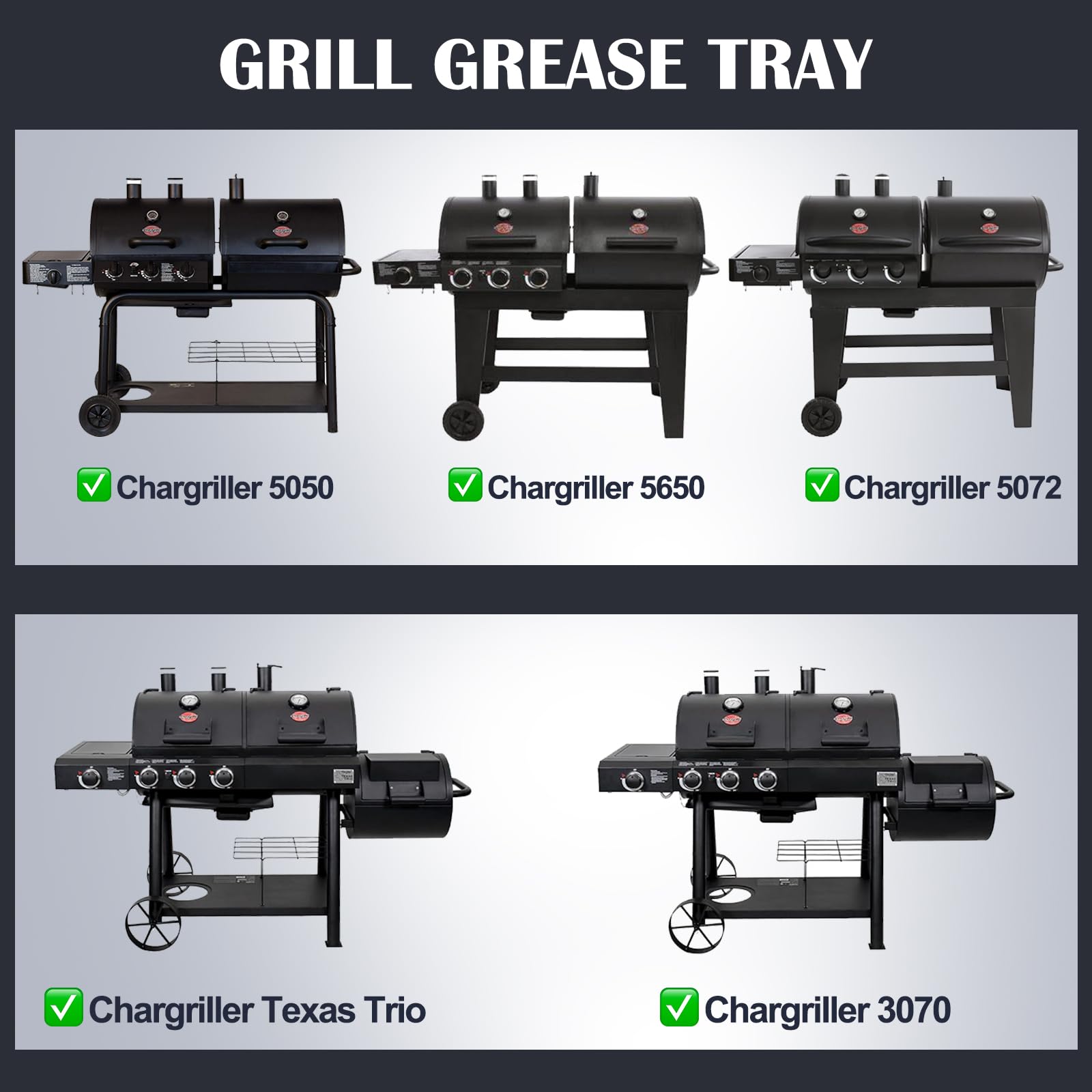 Hiorucet Bandeja de grasa para parrilla de carbón 5050, 5650, 5072, Texas Trio, 3070, piezas de repuesto, acero esmaltado de porcelana 200163 con bandeja de captura para accesorios Chargriller.