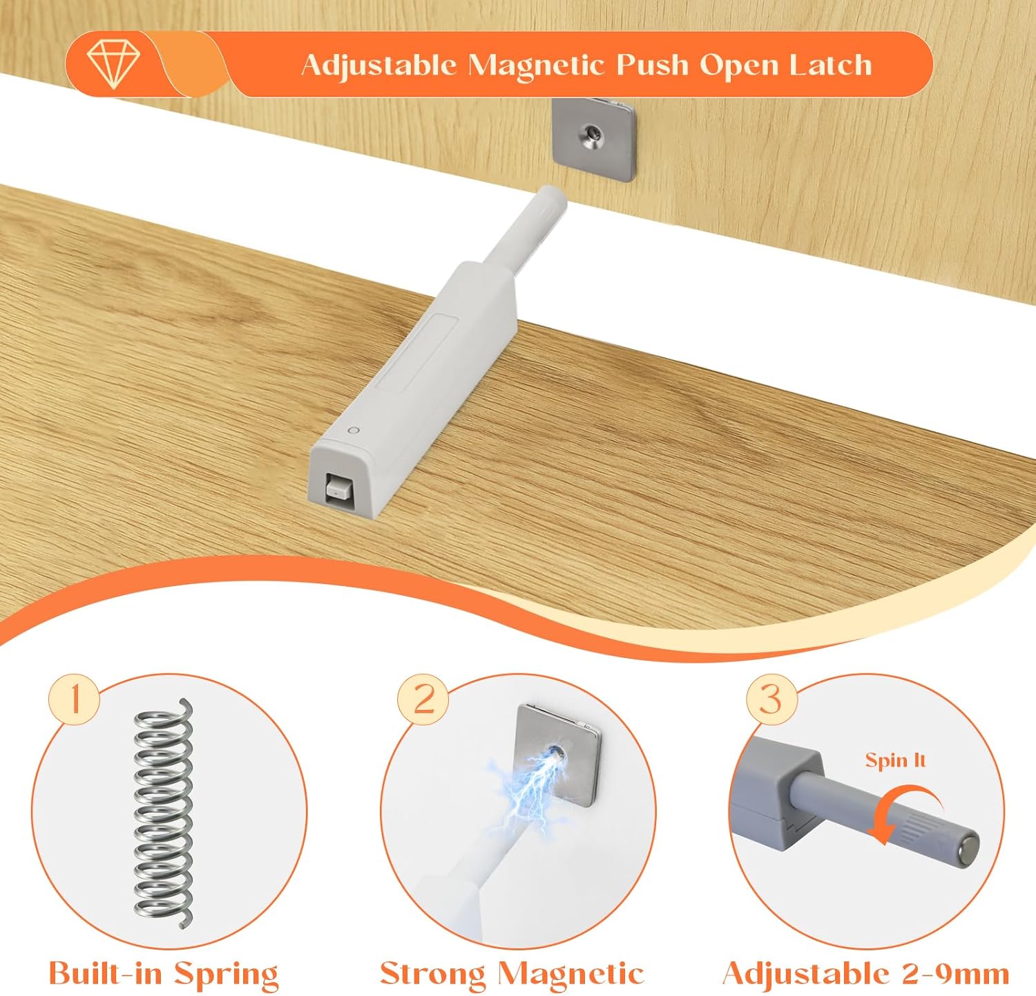 2 Pack Magnetic Push Latches, Push to Open Door Latch, Adjustable Touch Latch Hardware for Cabinet Drawer, Wardrobe Door, Grey