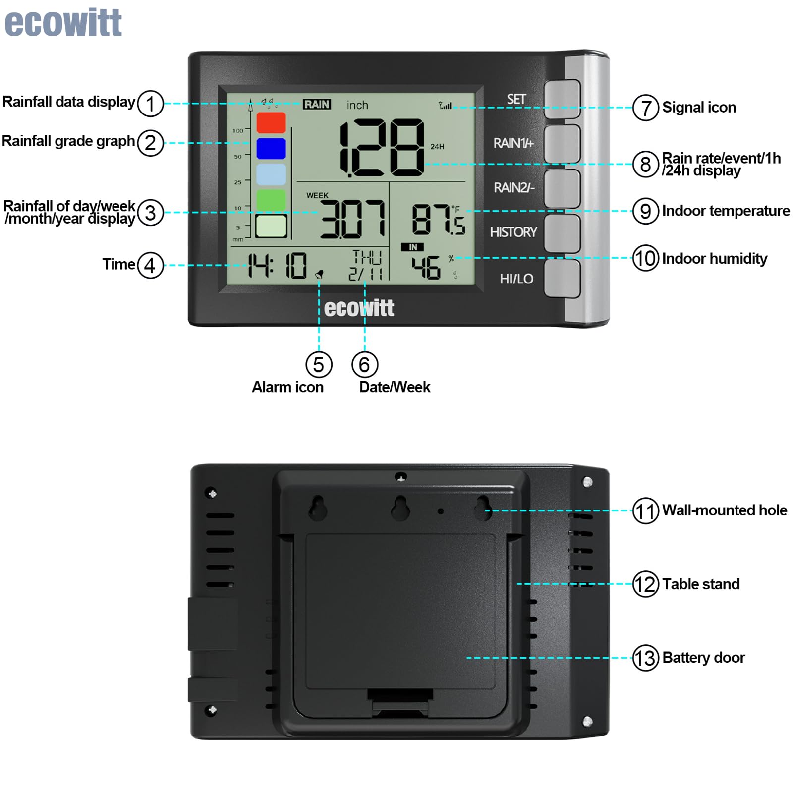 ECOWITT WH5370H bezprzewodowy cyfrowy deszczomierz (z termometrem), wysoce precyzyjny, samoopróżniający się zbiornik na deszcz o ulepszonej konstrukcji lejka 3,5 cm do monitorowania deszczu w czasie