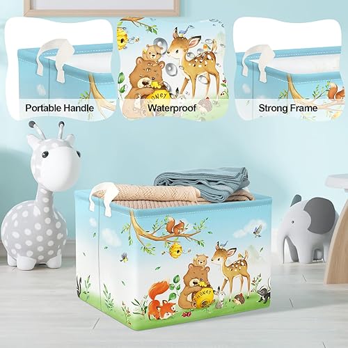 Miniatura 4 de Clastyle Cesta de almacenamiento de animales del bosque, para guardería, oso zorro, ciervo, azul, rectangular, para aula, pájaro, ardilla, hierba,