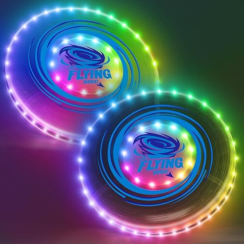 HYES Paquete de 2 discos voladores iluminados para niños, 45 LED, 14 modos de iluminación, anillo volador recargable que brilla en la oscuridad para