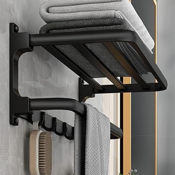 Towel Rack with Towel Bar Holder Towel Rail with 5 Hooks Foldable Towel Shelf Rustproof Towel Storage Wall Mount for Bathroom Lavatory Matte Black 58cm23inch
