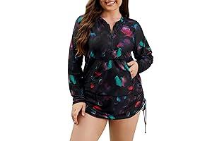 Plus Size Rash Guard for Women UPF 50+ Zip Drawstring Ruched Pocket Top