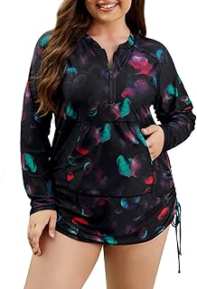 Halcurt Women's Plus Size Long Sleeve Rash Guard Swim Shirts with Pocket Half Zip Drawstring UPF50+ Swimsuit Top Price In India