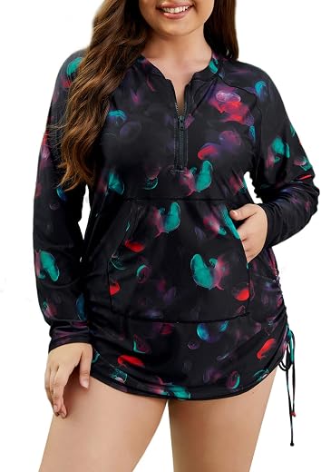 Halcurt Women's Plus Size Long Sleeve Rash Guard Swim Shirts with Pocket Half Zip Drawstring UPF50+ Swimsuit Top