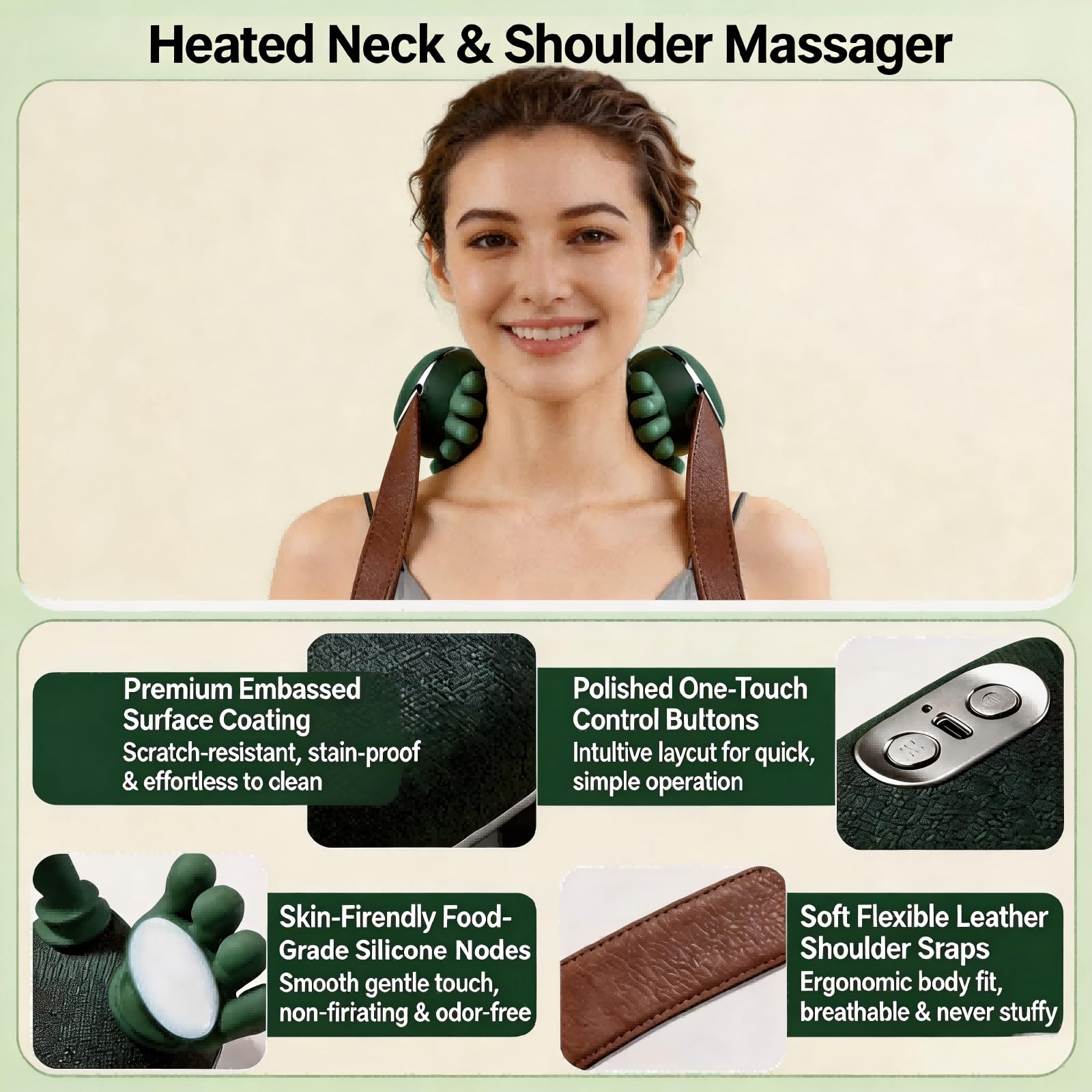 Massaggiatore Cervicale 4D con Calore, 10 Dita Shiatsu Massaggiatore Collo e Spalle, 3 Intensità, 2 Livelli Calore, Senza Fili, Leggero 760g, Portatile per Casa Ufficio Viaggio